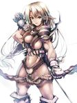  1girl armor arrow blonde_hair boots bow_(weapon) breasts byo_(kuro_usagi) elf erect_nipples gloves large_breasts long_hair muscle navel original pointy_ears ponytail simple_background solo very_long_hair weapon white_background yellow_eyes 