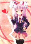  animal_ears black_hair black_legwear blazer bunny_ears crescent dress_shirt finger_gun hand_on_hip jacket kohaku. lavender_hair long_hair necktie one_eye_closed red_eyes red_neckwear reisen_udongein_inaba shirt solo thighhighs touhou zettai_ryouiki 