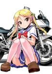  bakuon!! bell blonde_hair bow ground_vehicle hair_bell hair_ornament hands_on_own_knees loafers long_hair looking_at_viewer motor_vehicle motorcycle orimoto_mimana pink_legwear pleated_skirt red_eyes school_uniform shoes sitting skirt smile solo suzuki_(company) suzuki_katana suzunoki_rin thighhighs twintails 