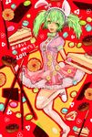  2011 :d animal_ears bunny_ears cake chocolate cup dated doughnut food green_eyes green_hair headdress heart highres kneehighs leg_up macaron moriko06 open_mouth original pink_skirt pocky red_background skirt slice_of_cake smile solo sweets teacup translated twintails 