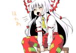  ascot bow chair danna_(karatekikku) fang fujiwara_no_mokou hair_bow hair_ribbon long_hair one_eye_closed open_mouth red_eyes ribbon silver_hair sitting solo strap_slip suspenders touhou yawning 