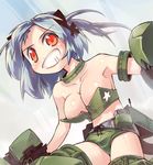  armpits bare_shoulders blue_hair blush breasts bustier cleavage clenched_teeth collarbone m18_hellcat_(personification) mc_axis mecha_musume medium_breasts midriff military nanaroku_(fortress76) personification red_eyes ribbon short_hair solo star teeth world_war_ii 