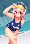  absurdres bare_shoulders breasts cleavage collarbone drain_(object) fingernails goggles goggles_on_head headphones highres large_breasts long_hair name_tag nitroplus old_school_swimsuit one-piece_swimsuit open_mouth pink_hair pool poolside red_eyes scan school_swimsuit shiny shiny_clothes shiny_skin solo super_sonico swim_cap swimsuit tsuji_santa wet 