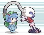  :&lt; backpack bad_id bad_pixiv_id bag bloomers blue_eyes blue_hair blue_skin blush_stickers chibi closed_mouth hair_bobbles hair_ornament hands_on_own_chest hat jiangshi jitome kawashiro_nitori mechanical_arm mesou-san midriff miyako_yoshika multiple_girls navel nobiiru_arm outline outstretched_arms short_hair skirt skirt_around_ankles touhou two_side_up underwear v-shaped_eyebrows zombie_pose 