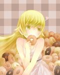  blonde_hair doughnut fang food hiroki-a56 long_hair monogatari_(series) nisemonogatari oshino_shinobu solo yellow_eyes 