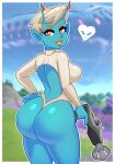  &lt;3 acstlu alien alien_humanoid big_butt blue_body breasts butt epic_games female fortnite hi_res humanoid joey_(fortnite) looking_at_viewer looking_back looking_back_at_viewer solo weapon 