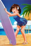  absurdres beach brown_hair child highres surfboard sweatdrop swimsuit tanuki_no_midori tenshi_no_shippo 