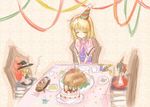  alice_margatroid birthday_cake blonde_hair blush cake capelet character_doll christmas closed_eyes food hakurei_reimu hat kingin kirisame_marisa lonely party_hat solo streamers touhou translated turkey_(food) witch_hat 