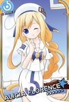  alicia_florence aria arm_behind_back blonde_hair blue_eyes bottle braid card_(medium) card_parody character_name cinderella_girls_card_parody dress hat holding idolmaster idolmaster_cinderella_girls long_hair naono_naoru one_eye_closed parody single_braid smile solo star uniform 