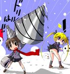  2girls blonde_hair brown_eyes brown_hair drill hair_ribbon kill_me_baby multiple_girls oribe_yasuna purple_eyes red_scarf ribbon scarf school_uniform skirt snowman sonya_(kill_me_baby) t2 torn_clothes torn_skirt twintails 