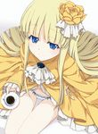  asteria_lizamarie_de_roschefall blonde_hair blue_eyes cup dress drink flower frills from_above hair_flower hair_ornament jewelry light_smile long_hair looking_at_viewer looking_up open_clothes open_dress panties rinne_no_lagrange saipaco sitting solo teacup thighs underwear white_background yellow_dress 