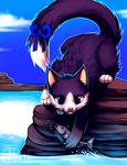  bell_collar black_fur blue_eyes bow cat cloud cute falvie feline feral fish fishing fur green_sclera mammal marine markings rocks sea socks_(marking) water 