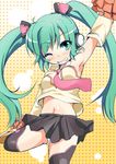  aqua_eyes aqua_hair arm_up armpits cheerleader detached_sleeves grin hatsune_miku headphones highres long_hair navel necktie one_eye_closed panties pantyshot pom_poms shi_ecchi skirt smile solo thighhighs twintails underwear vocaloid 