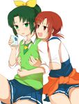  bad_id bad_pixiv_id blush bow breast_grab breasts brown_hair grabbing green_hair green_neckwear hair_bow hair_ornament hairclip hino_akane_(smile_precure!) juice_box midorikawa_nao minatsuki_randoseru multiple_girls nanairogaoka_middle_school_uniform necktie precure school_uniform sleeves_rolled_up small_breasts smile_precure! sweater_vest white_background yuri 