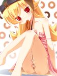  ass bandaid bandaid_on_pussy bare_shoulders barefoot blonde_hair blush doughnut dress fang feet food goggles helmet legs long_hair monogatari_(series) nisemonogatari no_panties oshino_shinobu red_eyes sitting solo strap_slip yuku_(kiollion) 