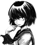  black_hair face greyscale hair_over_one_eye hands highres monochrome nazo_no_kanojo_x saliva school_uniform short_hair solo urabe_mikoto 