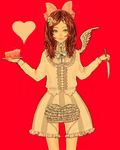  bow brown_hair cake dress feathered_wings flower food hair_bow hair_flower hair_ornament heart heart_cutout highres holding holding_knife knife long_hair moriko06 original plate red_background silver_eyes single_wing slice_of_cake smile solo striped vertical_stripes white_wings wings 