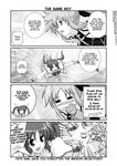  =_= bow cape coat comic fate_testarossa fingerless_gloves gauntlets gloves greyscale hard_translated lyrical_nanoha magical_girl mahou_shoujo_lyrical_nanoha_strikers mikage_takashi monochrome multiple_girls raising_heart takamachi_nanoha translated twintails waist_cape 