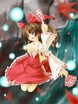  :d ascot autumn_leaves blush bow brown_eyes brown_hair detached_sleeves falling_leaves hair_bow hair_tubes hakui_ami hakurei_reimu leaf long_sleeves looking_afar open_mouth red_bow red_skirt ribbon-trimmed_sleeves ribbon_trim sidelocks skirt smile solo touhou vest 