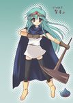  ahoge akane_souichi bad_id bad_pixiv_id bangs black_legwear blue_cape blue_hair boots cape character_name circlet closed_mouth copyright_name dragon_quest dragon_quest_iii dress full_body hair_between_eyes hat holding holding_staff legs_apart light_blue_hair long_hair looking_at_viewer pink_eyes sage_(dq3) short_dress sidelocks smile solo staff standing thighhighs white_dress yellow_footwear zettai_ryouiki 