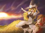  blonde_hair bow braid brown_hair detached_sleeves hair_bow hakurei_reimu hand_on_headwear hat kirisame_marisa long_hair minatsuki_randoseru multiple_girls open_mouth outstretched_arm pointing red_eyes short_hair side_braid smile sunrise touhou wind witch_hat yellow_eyes 