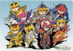  6+boys :d armor artist_request bodysuit brown_hair chibi crown dappa-oh_kuuya full_body gem headpiece helmet hiba-oh_dan holding holding_sword holding_weapon karura-oh_reiga looking_at_viewer multiple_boys naara-oh_renge open_mouth ryuu-oh_ryouma shura-oh_shurato smile standing sword ten-oh_hyuuga tenkuu_senki_shurato weapon yasha-oh_gai yellow_eyes 