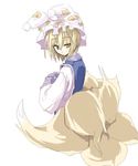  blonde_hair closed_mouth expressionless fox_tail frills from_behind hat long_sleeves looking_at_viewer looking_back mochiki multiple_tails ofuda pillow_hat short_hair simple_background solo tabard tail tassel touhou white_background wide_sleeves yakumo_ran 