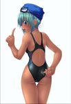  adjusting_clothes adjusting_swimsuit ass competition_swimsuit copyright_request from_behind goggles green_hair index_finger_raised ishii_akira one-piece_swimsuit one-piece_tan short_hair simple_background solo swimsuit tan tanline thigh_gap white_background 