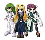  2girls ahoge bangs black_dress black_eyes black_legwear blonde_hair blunt_bangs brooch carim_gracia dress gem green_hair jewelry long_hair long_sleeves looking_at_viewer lyrical_nanoha mahou_shoujo_lyrical_nanoha_strikers multiple_girls pants purple_hair schach_nouera short_hair shoulder_pads simple_background thighhighs uniform verossa_acous very_long_hair white_background yuuka_(o.t.kingdom) zettai_ryouiki 