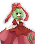  bow cowboy_shot dress front_ponytail green_eyes green_hair hair_bow kagiyama_hina looking_back puffy_short_sleeves puffy_sleeves red_bow shawl short_hair short_sleeves simple_background solo touhou white_background yuzuki_(yuduame) 