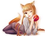  animal_ears apple bad_id bad_pixiv_id brown_hair eating fang food fruit holding holding_food holding_fruit holo long_hair mouth_hold mytyl one_eye_closed red_eyes solo spice_and_wolf tail wolf_ears 