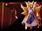  arch blonde_hair brown_eyes dress floating fox_tail hat hitodama lantern long_sleeves looking_at_viewer multiple_tails pillar pillow_hat short_hair side_b solo tabard tail tassel torii touhou white_dress wide_sleeves yakumo_ran 