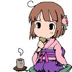  ahoge artist_request bangs blunt_bangs brown_hair bushidou_(sekaiju) chibi cookie cup eating food full_body hakama japanese_clothes kimono long_sleeves looking_at_viewer lowres pillow purple_hakama seiza sekaiju_no_meikyuu short_hair sitting solo source_request steam tea teacup white_background 