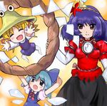  \o/ arms_up bad_id bad_pixiv_id chibi cirno hair_ornament happy hat jumping leaf_hair_ornament lowres moriya_suwako multiple_girls outstretched_arms ribbon rope shide shimenawa t2 touhou wings yasaka_kanako 