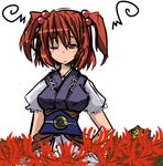  ;| blush breasts closed_mouth expressionless flower hair_bobbles hair_ornament itoraito large_breasts looking_at_viewer onozuka_komachi puffy_short_sleeves puffy_sleeves red_eyes red_hair short_sleeves sleepy solo touhou two_side_up underbust upper_body 