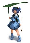  :d backpack bag blue_eyes blue_hair boots cattail hair_bobbles hair_ornament hat kawashiro_nitori key laboto leaf open_mouth plant pocket rubber_boots short_hair short_twintails skirt smile solo touhou twintails two_side_up 