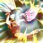  anime_coloring armpits arms_up black_eyes blurry brown_hair clenched_teeth detached_sleeves fukurou hakurei_reimu hand_gesture light ofuda pose solo sweatdrop teeth touhou 