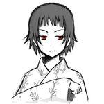  chelle_ingham greyscale japanese_clothes kimono monochrome red_eyes sayonara_zetsubou_sensei short_hair solo spot_color tsunetsuki_matoi 