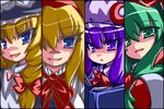  alice_margatroid blonde_hair book front_ponytail green_hair hat kagiyama_hina kirisame_marisa long_hair multiple_girls oborotsuki_kakeru patchouli_knowledge ribbon touhou 