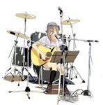  acoustic_guitar bad_id bad_pixiv_id brown_hair bucket_hat cable closed_eyes copyright_request cymbals drum drum_set guitar hat instrument kneehighs long_hair magomago microphone microphone_stand music singing socks solo 