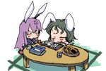  anger_vein animal_ears baku_taso blush bunny_ears chibi inaba_tewi multiple_girls reisen_udongein_inaba senbei table tatami tea touhou 