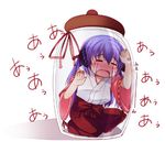  blue_hair bottle cup hakama hanyuu higurashi_no_naku_koro_ni ikawa_waki in_container in_cup japanese_clothes minigirl red_hakama solo tears 