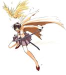  aoyama_motoko armpits bird black_hair breasts cape crane_(animal) feathers fighting_stance full_body holding holding_sword holding_weapon legs_apart love_hina magi medium_breasts outstretched_arm pleated_skirt ribbon sheath shippuu_(love_hina) shoes short_hair simple_background skirt solo sword tank_top torn_clothes unsheathed weapon white_background 