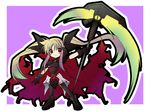  aoi_wakusei bardiche belt black_dress blonde_hair buckle dress fate_testarossa gradient_hair huge_weapon long_hair looking_at_viewer lyrical_nanoha mahou_shoujo_lyrical_nanoha multicolored_hair pink_hair red_eyes scythe sidelocks skin_tight solo standing thighhighs very_long_hair weapon 