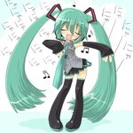  blush chibi closed_eyes dd_(ijigendd) detached_sleeves flat_chest green_eyes green_hair hatsune_miku long_hair microphone miniskirt music necktie singing skirt solo standing thighhighs twintails vocaloid 