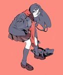  bad_id bad_pixiv_id bag black_hair coat gloves loafers long_hair magomago original red_background red_scarf scarf shoes simple_background skirt socks solo 
