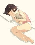  bandaid bandaid_on_knee barefoot bed brown_hair camisole dog face feet full_body holding lying on_side original panties pet pillow puppy short_hair sleeping smile solo tako_ashin underwear 