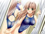  ass blush breasts brown_hair clockup competition_swimsuit covered_nipples curtains game_cg green_eyes highleg highleg_swimsuit large_breasts long_hair mirror one-piece_swimsuit presence reflection sasakawa_ai solo swimsuit takapiko thigh_gap third-party_edit 