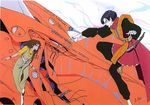  1girl armor belt black_hair brown_hair cape five_star_stories from_side jagd_mirage jagd_mirage_orange_right ladios_sopp long_sleeves machinery mecha mortar_headd nagano_mamoru outstretched_arm pants profile spector standing sweater_vest 