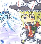  1girl =_= apron black_dress blonde_hair braid buttons cirno crystal dress flying hat ice ice_wings kirisame_marisa long_sleeves lowres number red_scarf scarf single_braid snot snowing solo touhou waist_apron wings winter witch_hat yomegane 